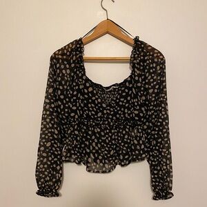 Holiday-ready Black and Tan Heart-shaped Neck Puff Sleeve Blouse